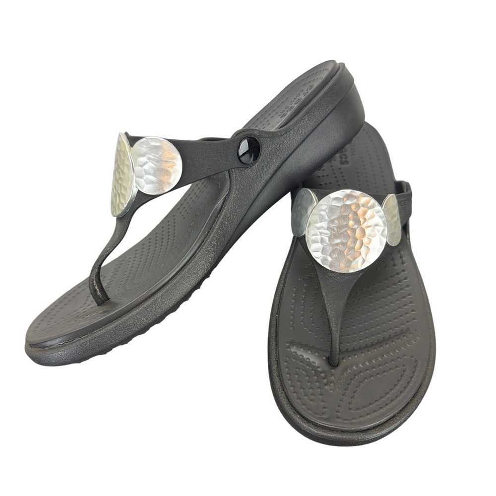 Crocs 204009 Sanrah Embellished Wedge Flip Flop Black Sandals 10 Comfort Thong